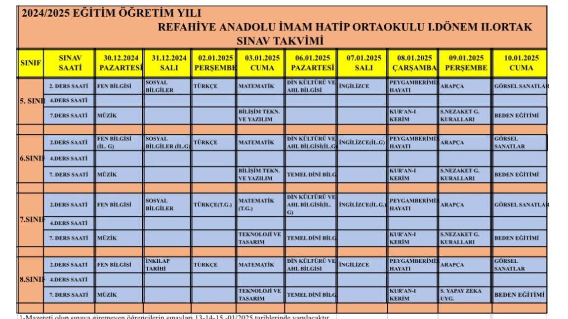REFAHİYE İMAM HATİP ORTAOKULU 1. DÖNEM 2. ORTAK SINAV UYGULAMA TARİHLERİ BELLİ OLDU.