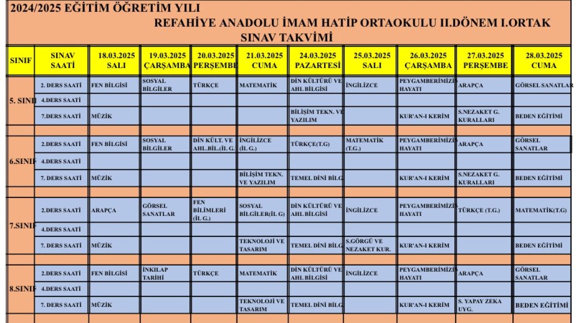 REFAHİYE İMAM HATİP ORTAOKULU 1. DÖNEM 2. ORTAK SINAV UYGULAMA TARİHLERİ BELLİ OLDU.