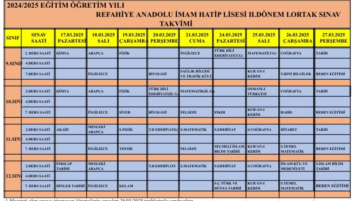 REFAHİYE İMAM HATİP LİSESİ 1. DÖNEM 2. ORTAK SINAV UYGULAMA TARİHLERİ BELLİ OLDU.